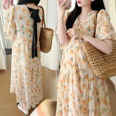 Olivia Mark - Stylish Loose Fit Maternity Dress with Floral Chiffon and Bubble Sleeves Maternity Dresses Casual, Fitted Maternity Dress, Floral Chiffon, Maternity Dress, Types Of Skirts, Three Quarter Sleeves, Quarter Sleeve, Dresses Casual, Maternity Dresses