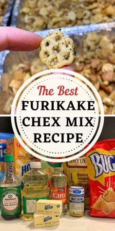 the best fukkake chex mix recipe is in front of some other ingredients