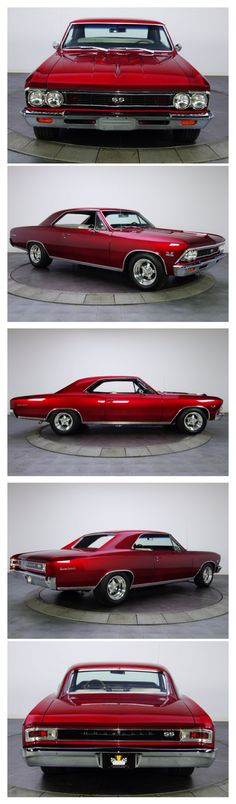 three different pictures of an old red car