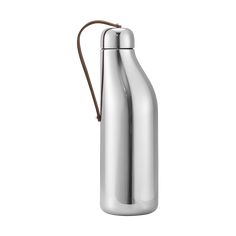 a stainless steel water bottle with a brown cord on the side and a white background