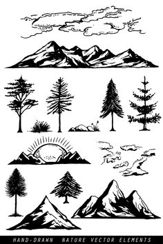 trees and mountains with clouds in the sky, hand drawn nature elements illustration set on white background