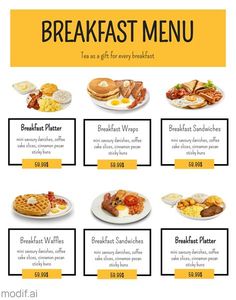 the breakfast menu is shown with different types of food and drinks on it's sides