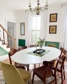 a dining room table with chairs around it