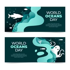 two banners for world oceans day with an underwater scene and fish in the water, on dark