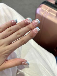 Baby Blue Nail Inspo Acrylic, Light Blue Acrylic Nails Design Short, Holiday Nails For Greece, Greece Aesthetic Nails, Nails Baby Blue Design, Cute Holiday Nails Summer, Blue Holiday Nails Summer, Short Nail Inspo Square, Greece Nail Ideas