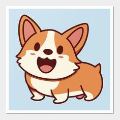 a brown and white corgi with its mouth open, standing in front of a blue background