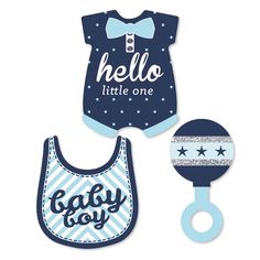 two baby bibs with the words hello, little one and an infant bib