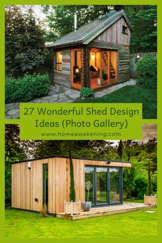 two small wooden shed designs with the words wonderful shed design ideas photo gallery on it