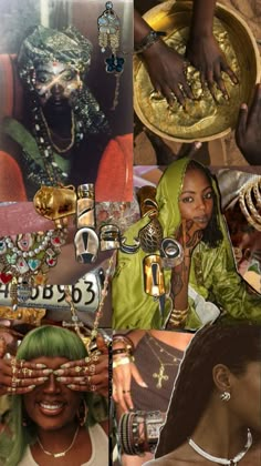 the collage shows many different images of women with jewelry on their heads and hands