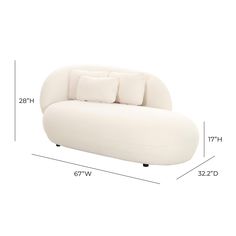 a white couch with four pillows on it's back and measurements for the seat