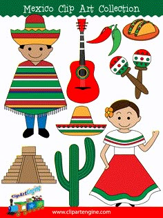 mexican clip art collection with the image of children in traditional dress and sombrero