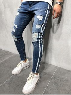 Ripped Jeans Men, Streetwear Jeans, Streetwear Mode, Zipper Jeans, Striped Jeans, Destroyed Jeans, Ripped Denim, Slim Jeans, Denim Pant