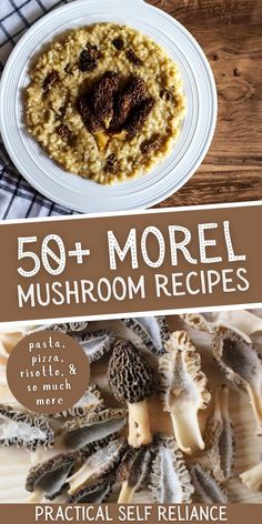 fresh morel mushrooms on a cutting board and homemade morel risotto in a bowl Cooking Morel Mushrooms, Morel Recipes, Morel Mushroom Recipes, Morel Mushroom Hunting, Fungi Recipe, Wild Mushroom Recipes, Edible Wild Mushrooms, Recipes For Spring, Healthy Spring Recipes