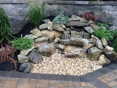 a garden with rocks and plants around it