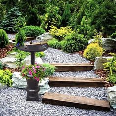 a garden with rocks, plants and wooden steps leading up to the water feature in the center