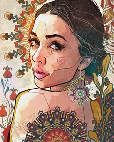 a painting of a woman with tattoos on her chest and neck, surrounded by flowers