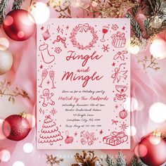 a pink and red wedding card surrounded by christmas ornaments