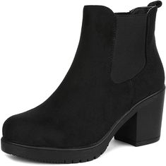 PRICES MAY VARY. Classic clean sleek look in these posh booties Synthetic sole, Stylish High Chunky Heel Ankle booties,Chelsea Style Shaped with soft suede upper, double gore panels for a secure and flexible fit Product measurements were taken using size 7 US, width M. Please note that measurements may vary by size Approx measurements--Heel Height:3 in; Platform height: 0.75 in; Shaft height:4.5 in; Circumference:10.5 in The epitome of everyday elegance, with this timeless Chelsea boot, you can Chelsea Boots With Jeans, High Heel Ankle Boots, Chunky Heel Ankle Boots, Lace Up Combat Boots, Womens Chunky Heels, Suede Fashion, Chunky High Heels, Chelsea Ankle Boots, Heel Ankle Boots