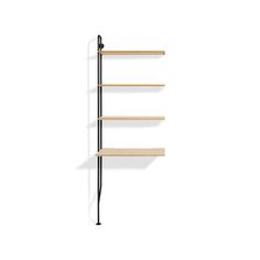 three wooden shelves on the wall, one with a long black pole and two without