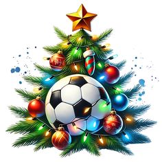 a christmas tree with ornaments and a soccer ball on it's bottom, in front of a white background