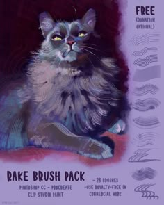 a painting of a cat sitting in front of a purple background with the words fake brush pack