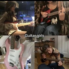 two pictures one is playing guitar and the other has a cat