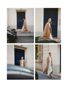 four different shots of a woman walking in front of a blue door and wearing a tan coat