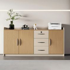 a white and brown cabinet with drawers and a printer on top of it next to a potted plant