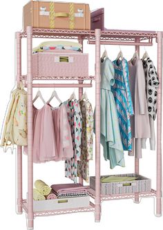 a pink rack with clothes and other items on it's sides, against a white background