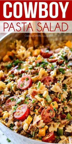 this cowboy pasta salad is loaded with lots of fresh ingredients