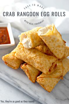 crab rangoon egg rolls on a plate with dipping sauce in the background and text overlay