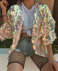 Camping Style Clothes, Festival Kimono, Burning Men, Crazy Diamond, Sequin Kimono, Edm Festival, Disco Outfit, Festival Looks