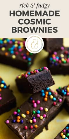 chocolate brownies with sprinkles on top and the title reads rich & fluffy homemade cosmic brownies