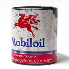 an old mobiloil oil can is shown on a white background with red and blue trim