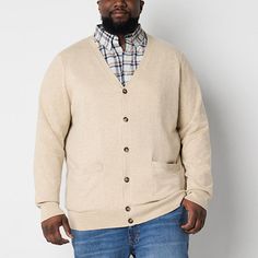 Complete your look with the warmth and style of this men's big and tall button cardigan from St. John's Bay. Cut for a classic-fit, this slip-on sweater is cut for a classic-fit from soft, recycled cotton-knit and has a v-neckline, long sleeves, and side pockets. Wear it over a button-down shirt or graphic tee paired with jeans or tailored pants.Closure Type: ButtonFit: Classic FitNeckline: V NeckSleeve Length: Long SleeveFiber Content: 60% Cotton, 40% Recycled PolyesterFabric Description: KnitC Mens Cream Cardigan Outfit, Neutral Long Sleeve Cardigan With Pockets, Long Sleeve Beige Cardigan With Button Closure, Cheap Classic Men's Cardigan, Affordable V-neck Men's Cardigan, Tall Sweater, Large Sweaters, Mens Cardigan, Beige Cardigan