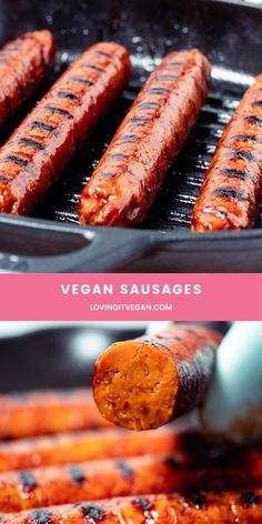 sausages being cooked on a grill with the words vegan sausages above them