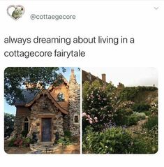 a house with flowers in the front yard and an image of a cottage on the back ground