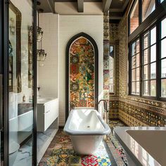 a bathtub in the middle of a bathroom with colorful tiles on the floor and walls