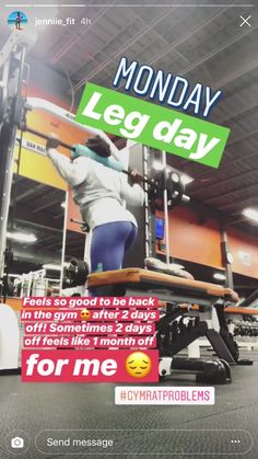 a woman is standing on a bench in front of a sign that says monday leg day