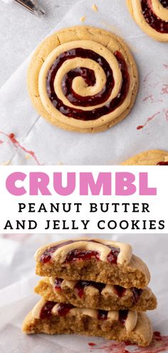 crumbl peanut butter and jelly cookies are stacked on top of each other