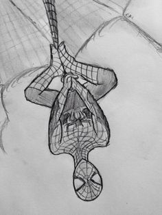 a drawing of a spider man hanging upside down