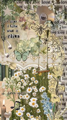 a collage with flowers, books and butterflies on it's cover is shown