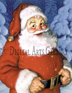 a painting of santa claus in the snow with his hand on his hip and smiling