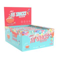 a box of fit snacks is shown with the front and back side open to show it's wrapper