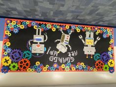 World Bulletin Board, Robot Classroom, Steam Classroom, Elementary Bulletin Boards, Computer Theme, Robotics Club, Robot Theme, Tiger Decor, Labs Art