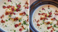 two pictures of soup in a crock pot with bacon, potatoes and parsley