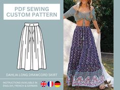 a woman in a long skirt and crop top sewing pattern with the text, pdf sewing custom pattern