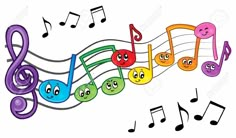 colorful musical notes with smiley faces