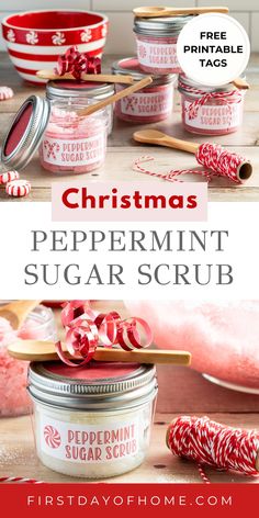 Peppermint sugar scrub in small mason jars with ingredients. Text overlay reads "Christmas Peppermint Sugar Scrub". Diy Peppermint Sugar Scrub Recipe, Christmas Sugar Scrubs, Sugar Scrub Diy Peppermint, Peppermint Sugar Scrub, Scrub Recipe Diy, Mint Sugar Scrub, Diy Sugar Scrub Recipe, Peppermint Sugar Scrubs, Scrub Diy