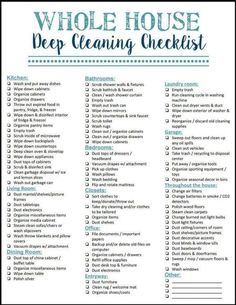 the whole house deep cleaning checklist is shown in blue and white with words above it